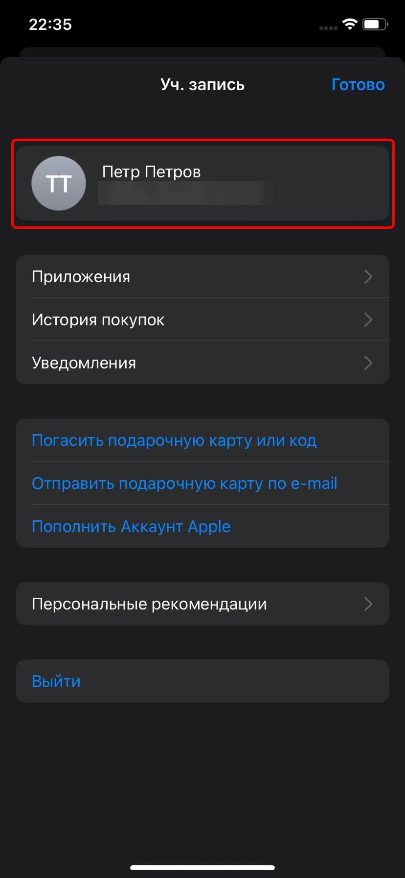 Экран «Уч. запись»: имя и почта аккаунта вверху